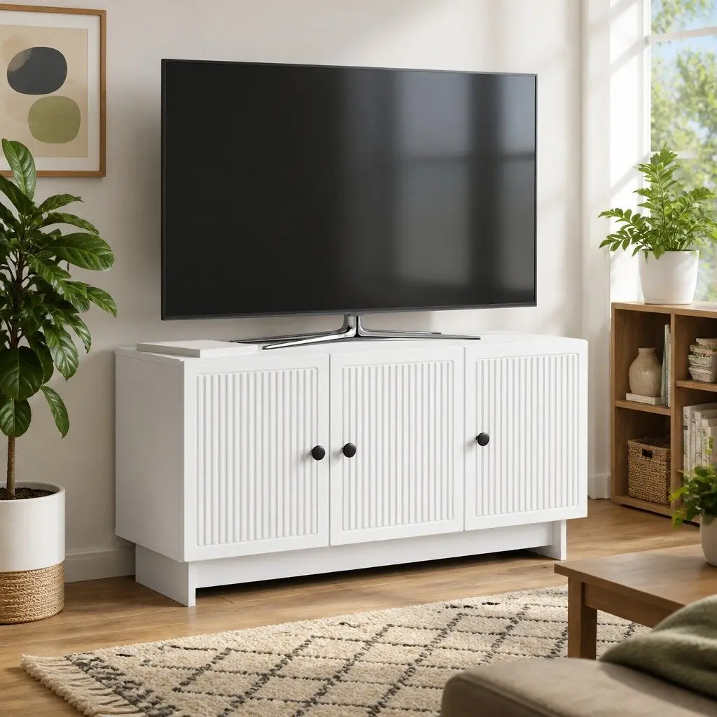 TV Cabinet Engineered Wood 99 x 34.5 x 50 cm White Modern Living Room Storage Unit with Shelves and Doors