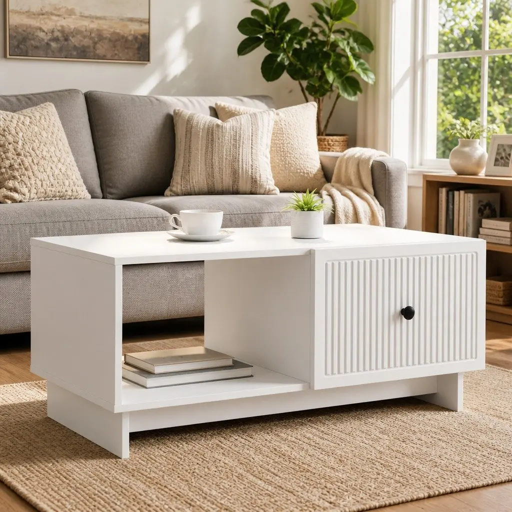 White Rectangular Coffee Table with Storage
