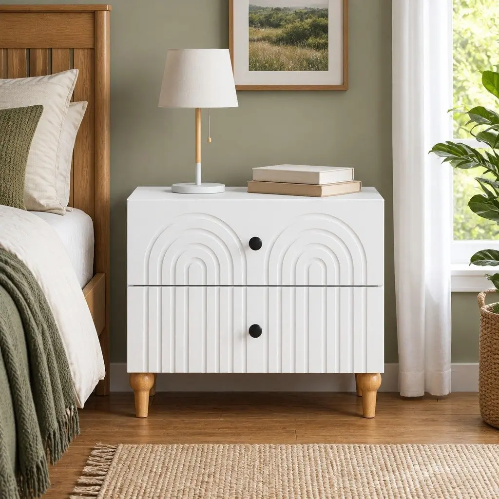 White Bedside Cabinet with Striped Detailing