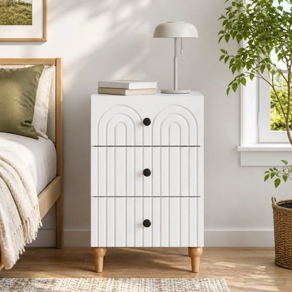 White Engineered Wood Nightstand with Smooth Drawers