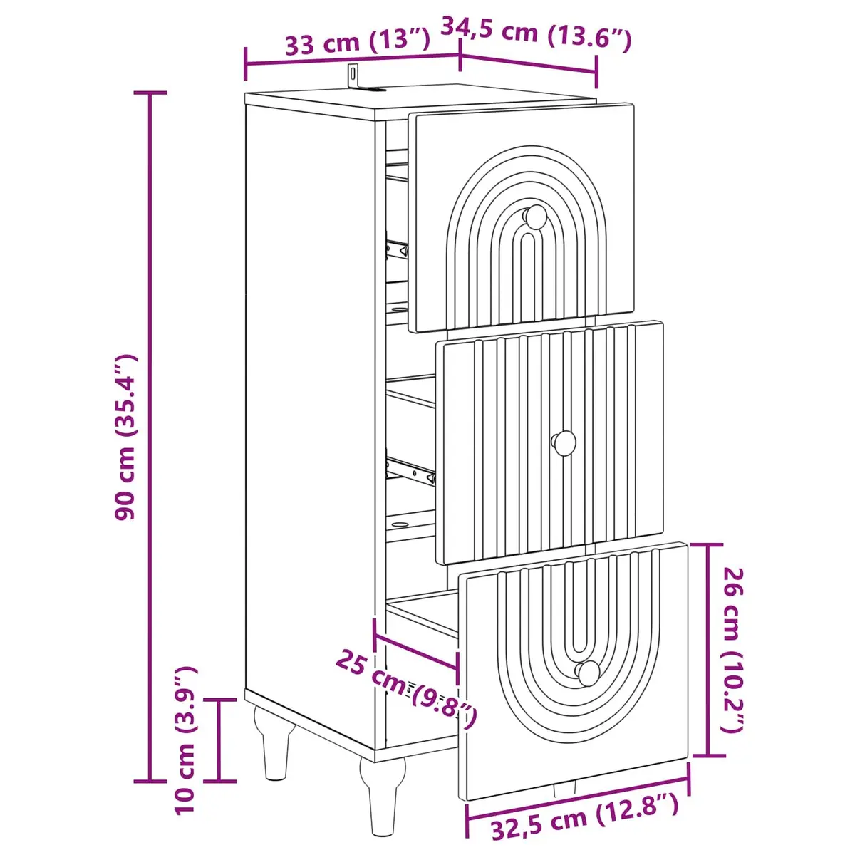 Drawer Storage Cabinet Engineered Wood 33 x 34.5 x 90 cm White