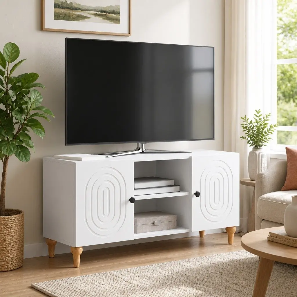 White TV Cabinet 102x34.5x50cm with Utility Shelves