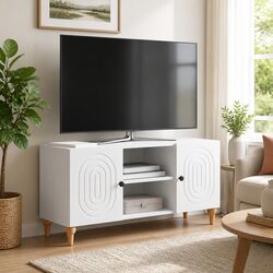 Modern White TV Cabinet 102x34.5x50cm with Utility Shelves