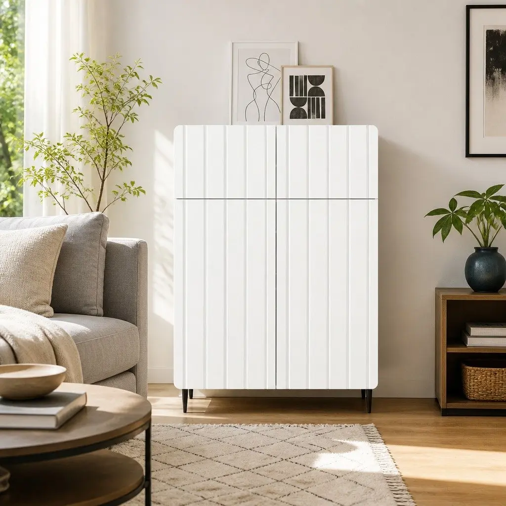 Engineered White Sideboard with Black Iron Legs