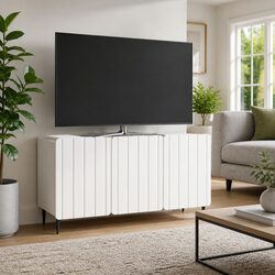 White Modern TV Cabinet with Steel Legs and Swing Doors