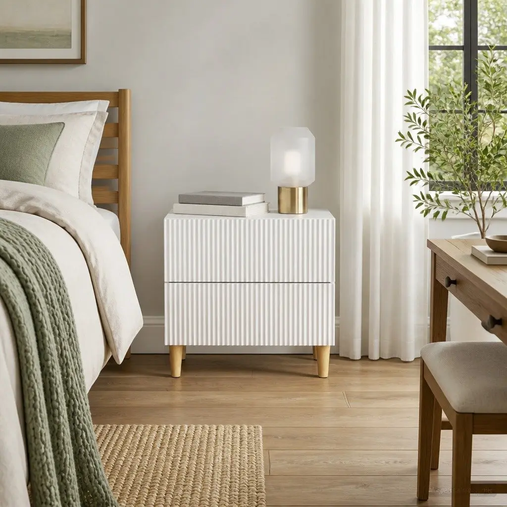 White Engineered Wood Bedside Cabinet 62x34.5x48cm