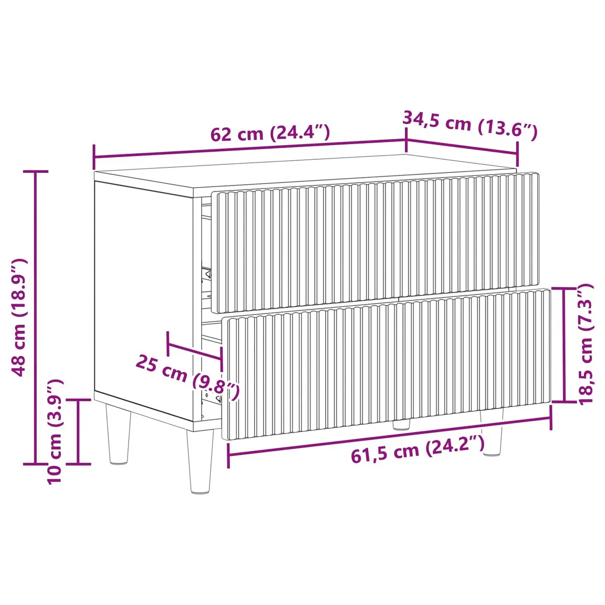 White Engineered Wood Bedside Cabinet 62x34.5x48cm