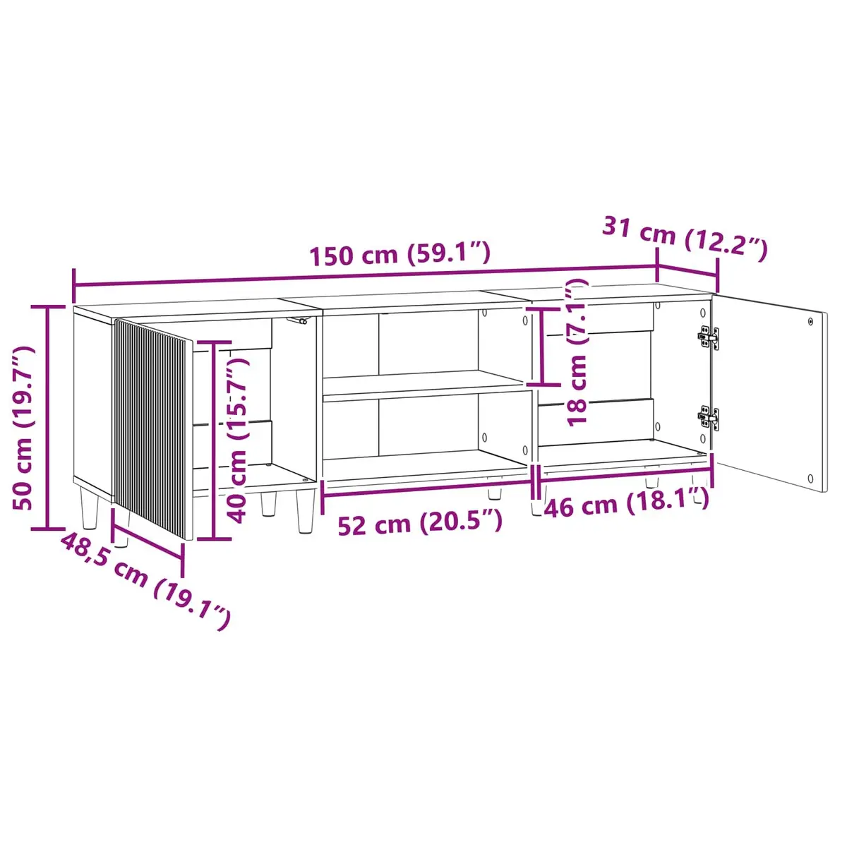 TV Cabinet Engineered Wood 150cm White Modern Living Room Storage Unit Board Shelves Swing Doors