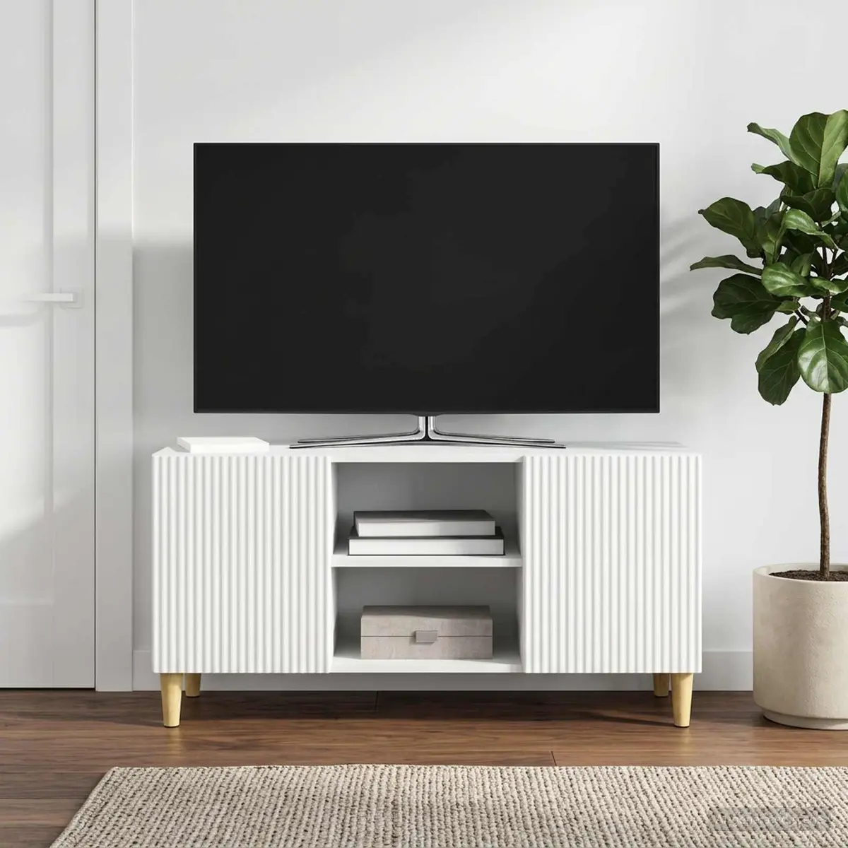 White Modern TV Cabinet with Swing Doors