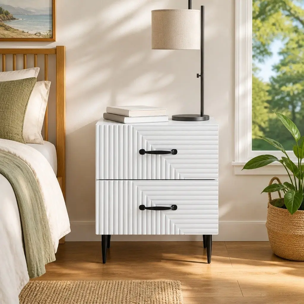 White Bedside Cabinet with Metal Legs