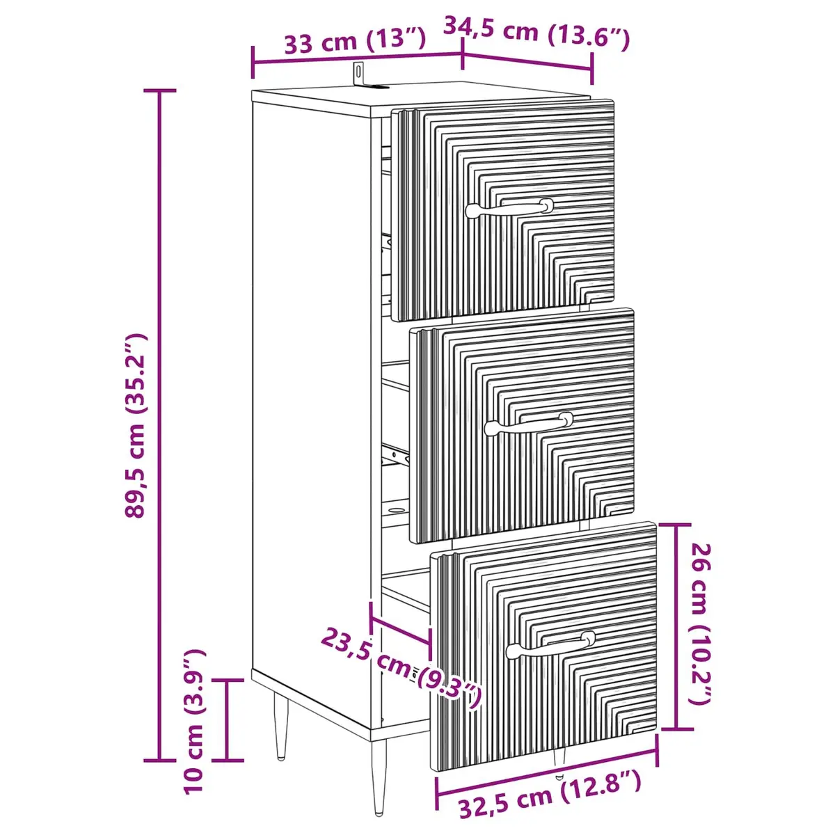 Drawer Cabinet Storage Unit 33 x 34.5 x 89.5 cm