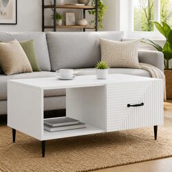 Stylish Rectangular White Coffee Table with Storage