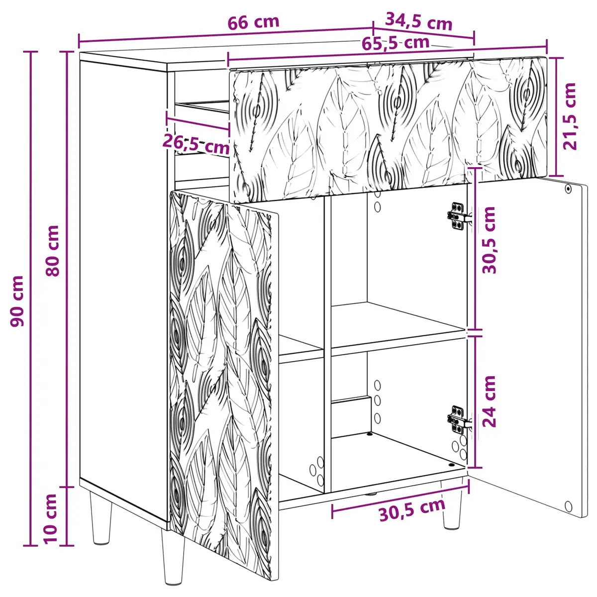 Sideboard Engineered Wood 66cm White Swing Doors Shelves