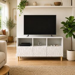 Modern White TV Cabinet with Eucalyptus Legs