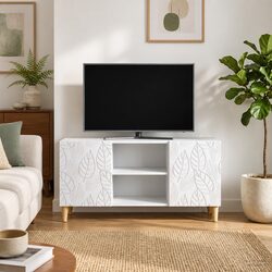 Durable White Engineered Wood TV Cabinet with Swing Doors