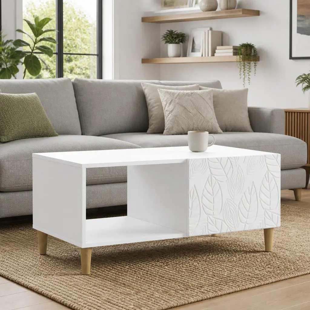 White Rectangular Coffee Table with Storage Shelf