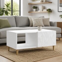 Coffee Table White Rectangular Living Room Accent Table with Storage Shelf