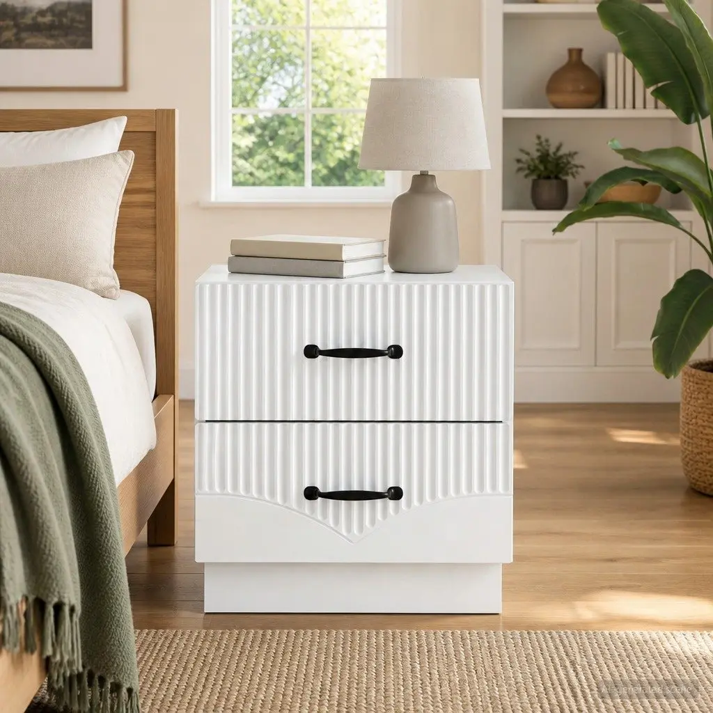 White Engineered Wood Nightstand with Drawers