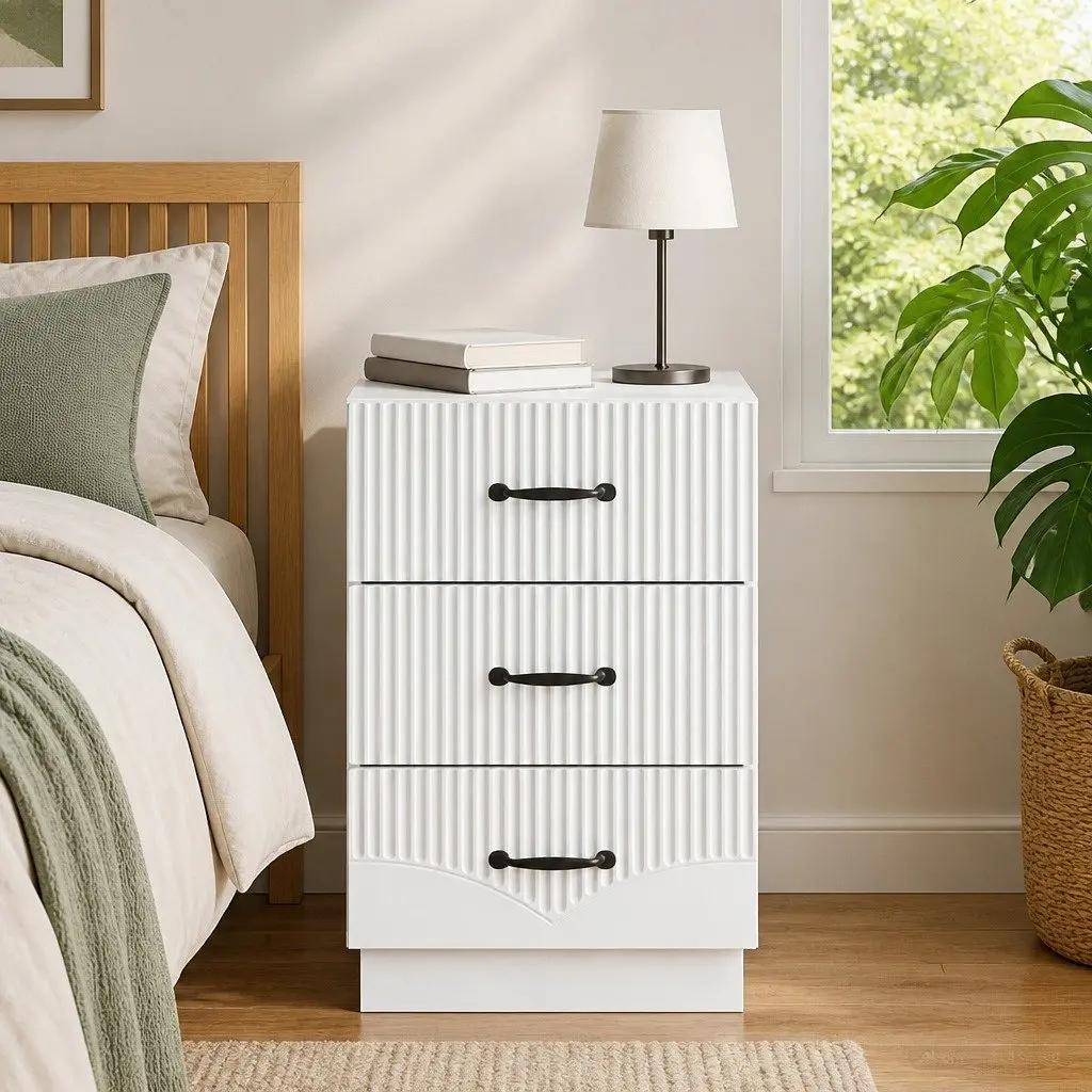 White Engineered Wood Vintage-Style Bedside Cabinet