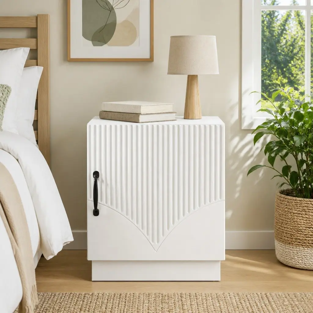 Bedside Table White 43 x 34.5 x 47 cm Storage Cabinet with Door Handles