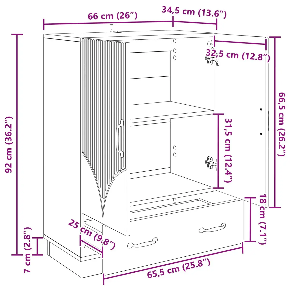 Engineered Wood White Sideboard Storage Cabinet 66cm