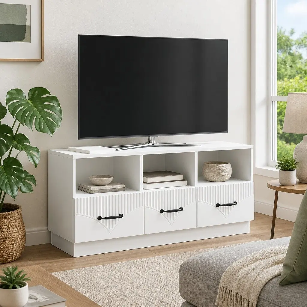 White Engineered Wood TV Cabinet with Drawer for Storage