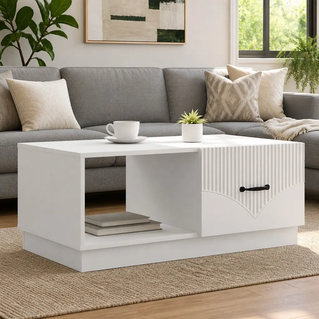 White Coffee Table with Storage, 90x50x37 cm