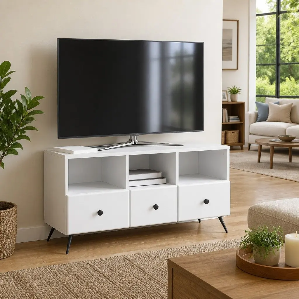 White Engineered Wood TV Cabinet with Storage