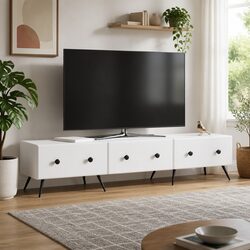 Stylish White TV Cabinet with Drawer - 147x34.5x30cm