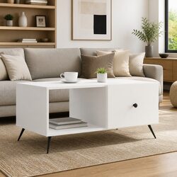 Coffee Table White Rectangular Living Room Storage Engineered Wood Accent