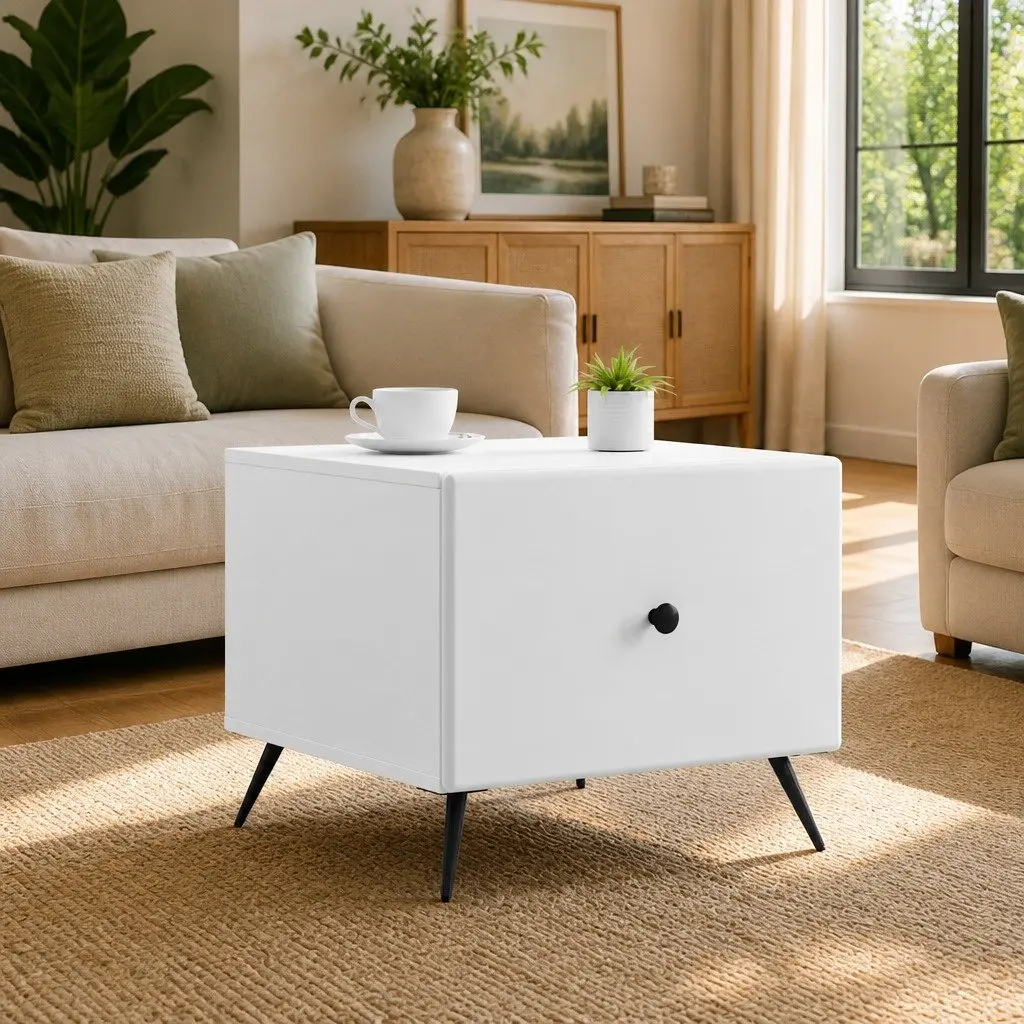 White Rectangular Coffee Table with Drawer for Living Spaces