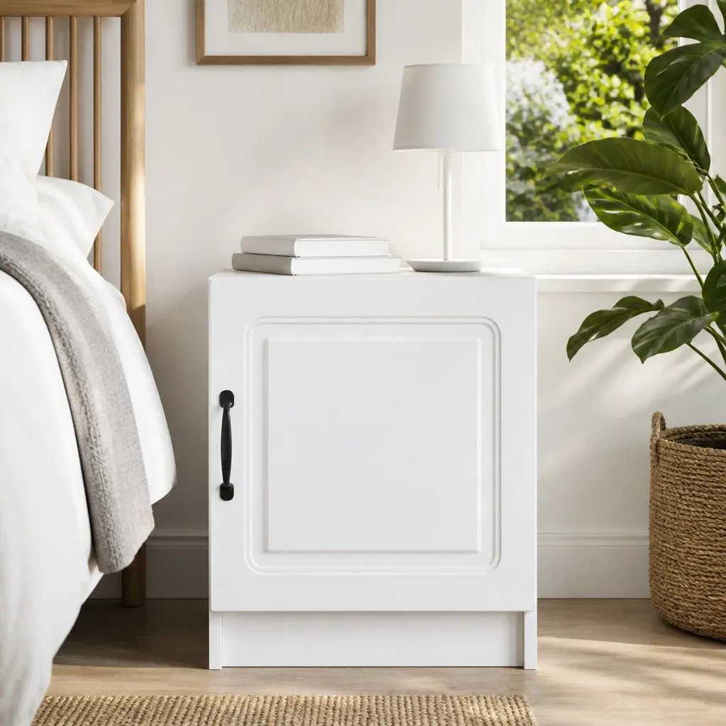 White Bedside Cabinet with Swing Hinge Doors