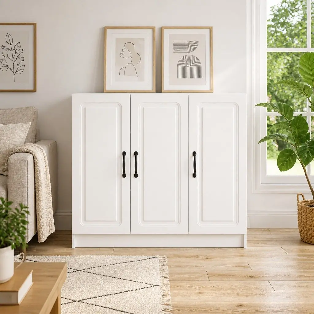 White Engineered Wood Sideboard Storage Cabinet