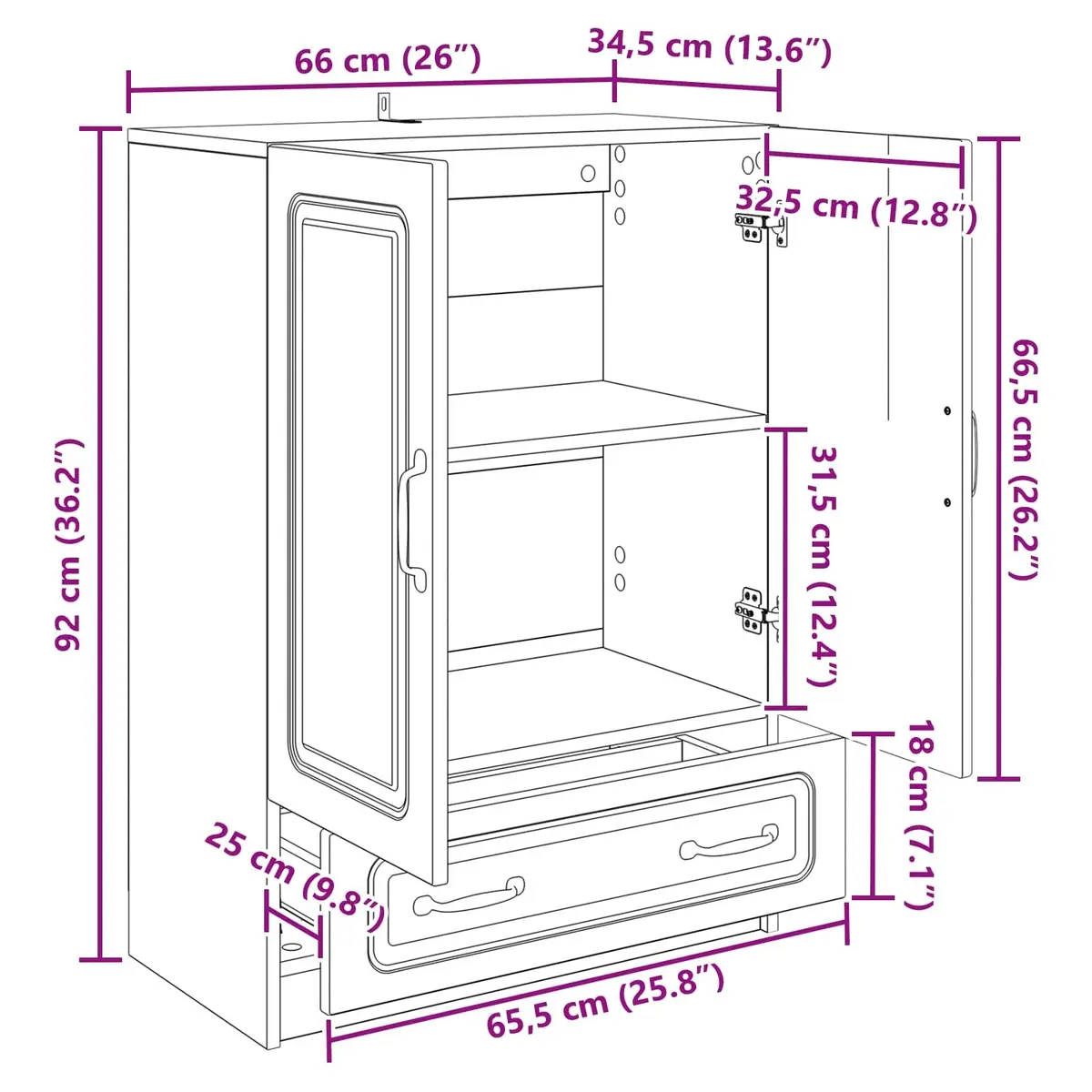 White Sideboard Storage Cabinet 66x34.5x92cm