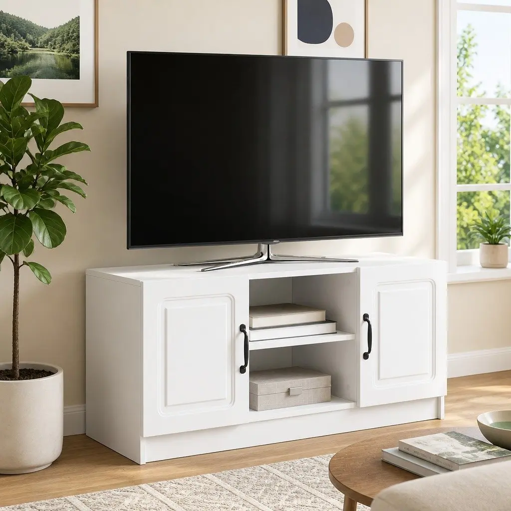 TV Cabinet White Modern Engineered Wood Media Storage Unit Living Room Furniture