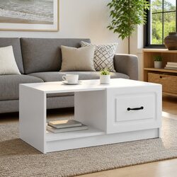 Coffee Table White 90 x 50 x 37 cm Storage Accent Table with Swing Doors