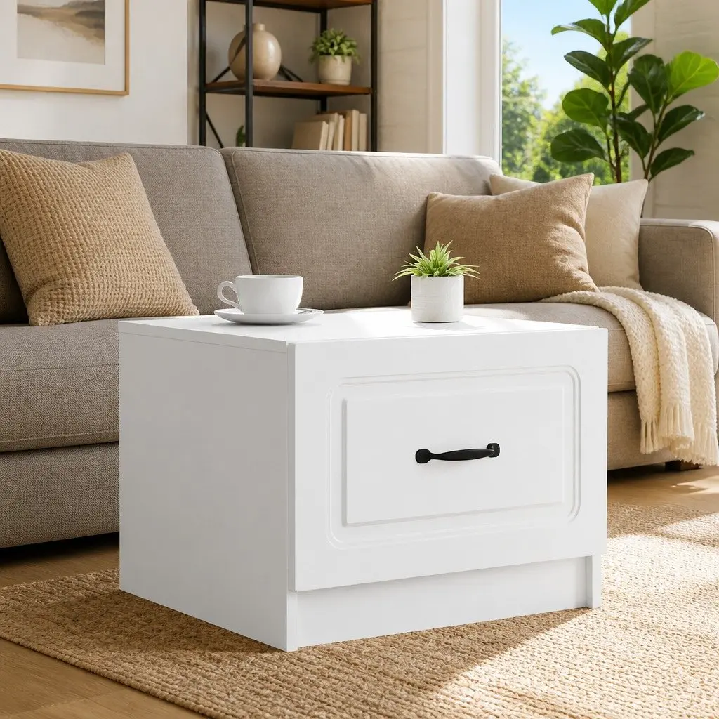 Coffee Table with Storage Drawer White Modern Accent Living Room Furniture