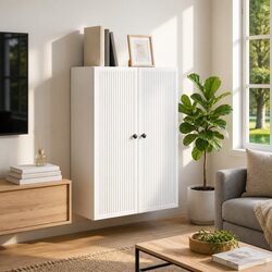 Wall-Mounted Storage Cabinet White Engineered Wood Vintage Living Room Shelving