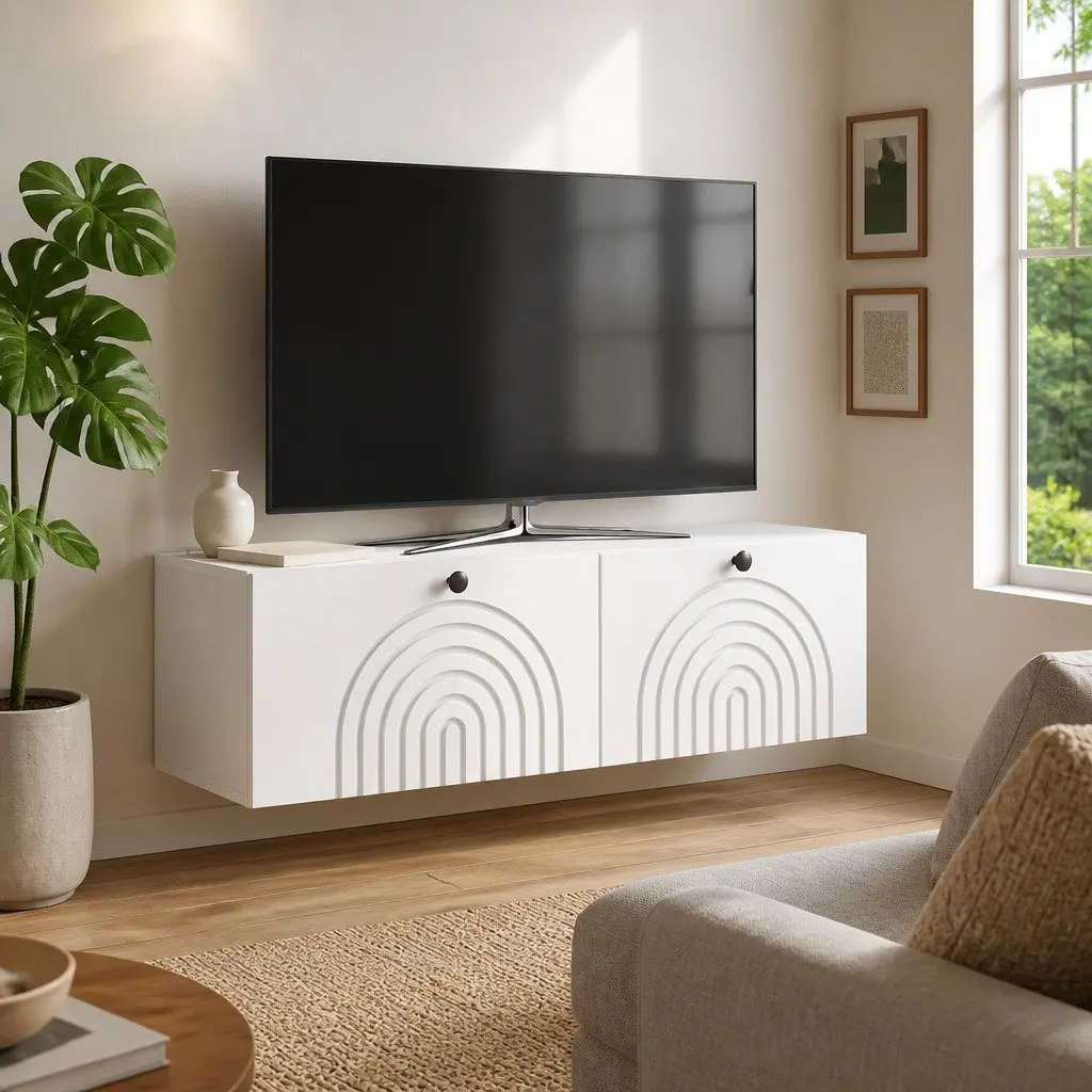 Wall-Mounted TV Cabinet in White Engineered Wood