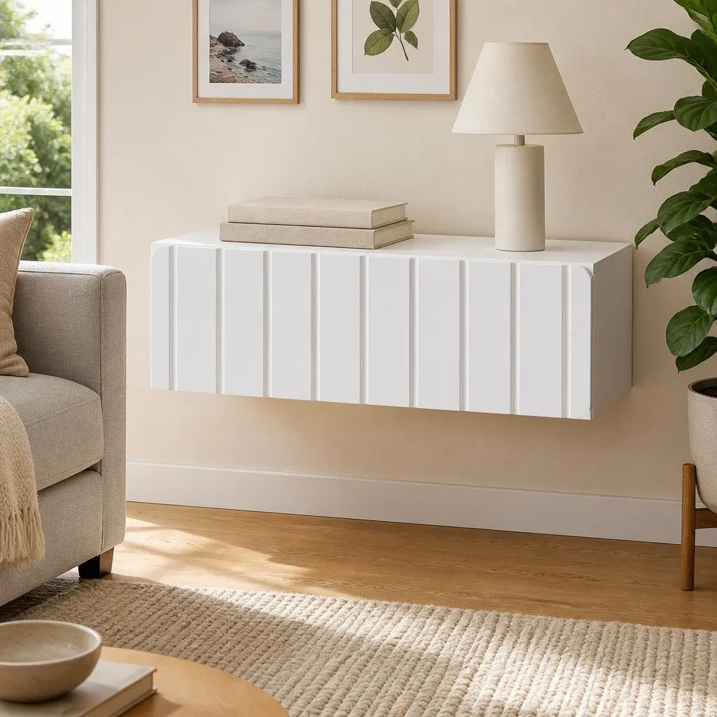 White Wall-Mounted Side Table with Ample Storage