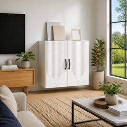 Wall-Mounted Storage Cabinet White Modern Shelves Engineered Wood Living Room