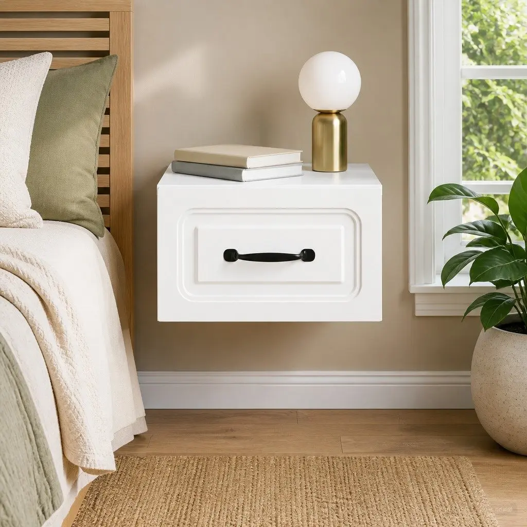 Wall-Mounted White Nightstand with LED Lighting