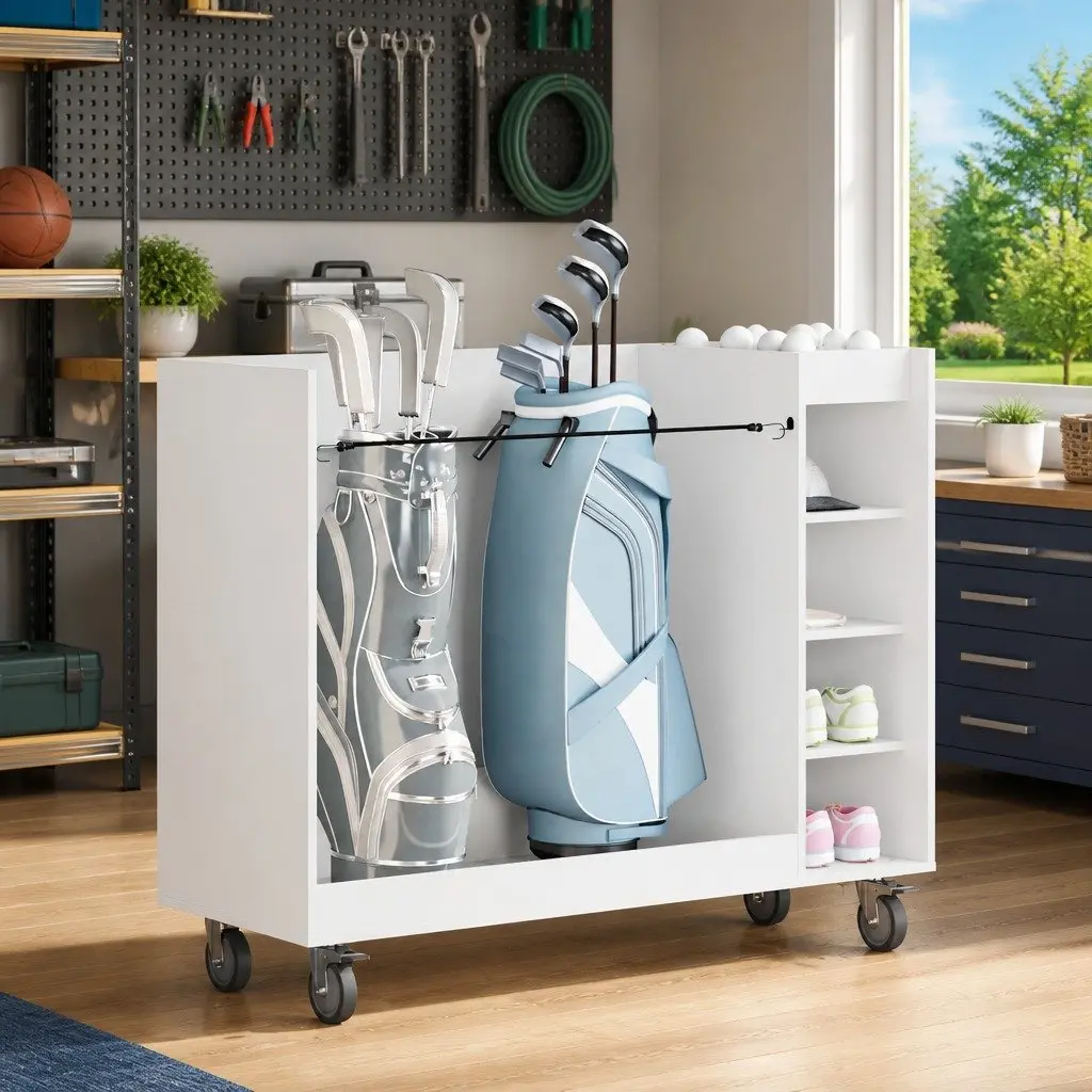 White Wooden Golf Cabinet with Metal Frame