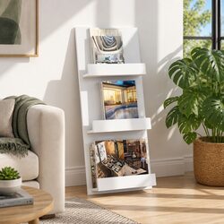 Durable White Magazine Rack with Shelf for Home or Office