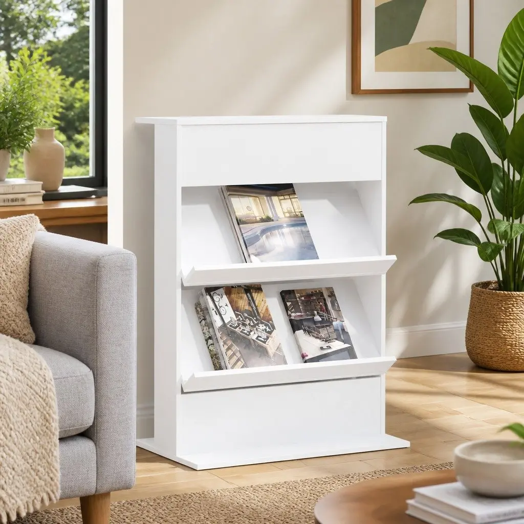 Magazine Rack with Shelf White Storage Organizer Living Room Office Bedroom