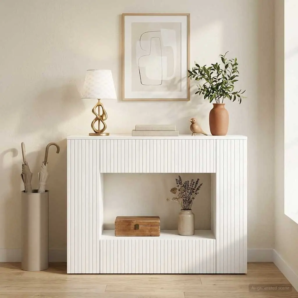 Console Table White Striped Hallway Living Room Office Storage Shelves Drawers