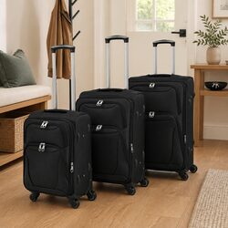 Durable 3 Piece Black Soft Case Trolley Luggage Set