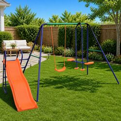 Durable Swing Set with Slide for 3 Kids - Orange