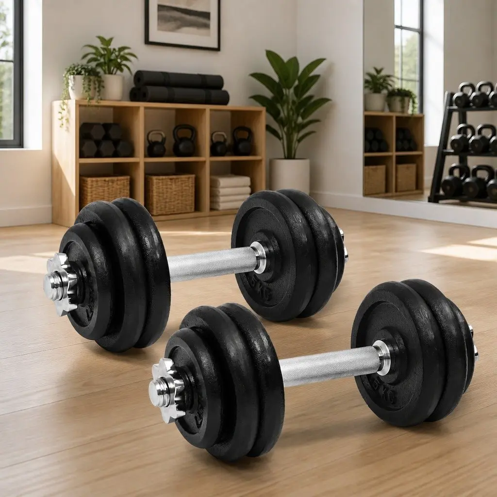 Dumbbell Set Cast Iron 30kg Adjustable Black Weight Plates Spinlock Collars