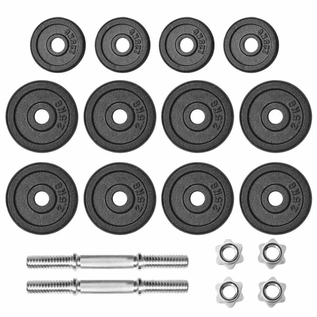 Dumbbell Set Cast Iron 30kg Adjustable Black Weight Plates Spinlock Collars